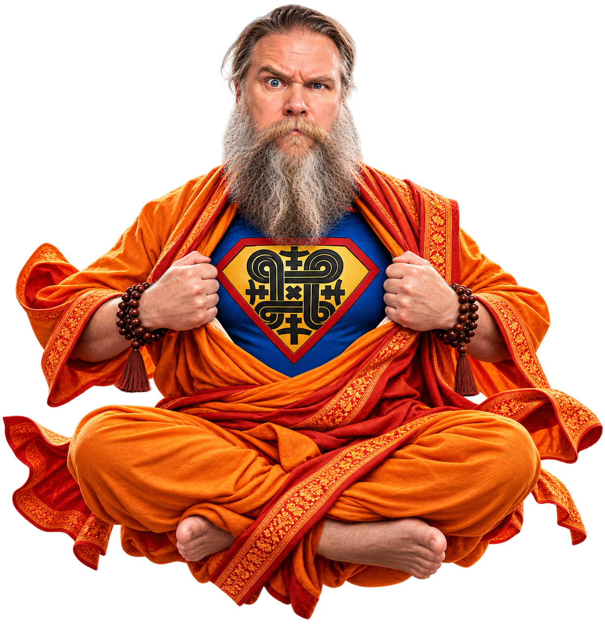 Guru Sam, seated in saffron robes